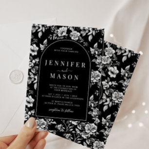 Black white Chinoiserie classic floral wedding Invitation
