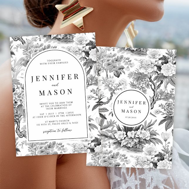 Black white Chinoiserie floral wedding Invitation (Creator Uploaded)