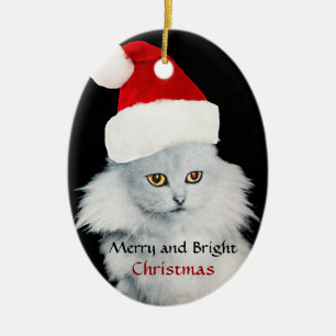 BLACK WHITE CHRISTMAS CAT WITH SANTA CLAUS HAT CERAMIC TREE DECORATION