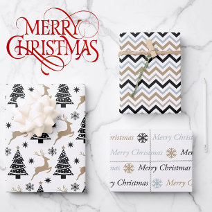 Black White Christmas Chevron 3 Coordinating Wrapping Paper Sheet