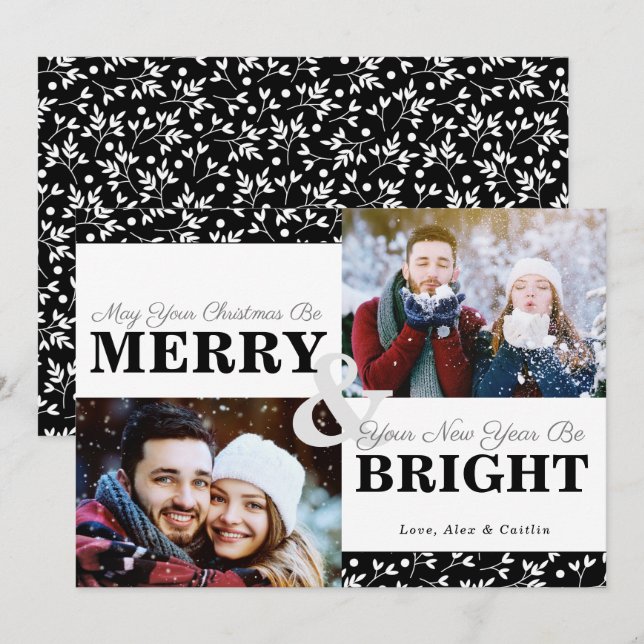 Black & White Christmas Greenery 2-Photo Card (Front/Back)