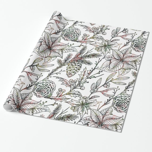 Black & White Christmas Holly Pattern Wrapping Paper (Unrolled)