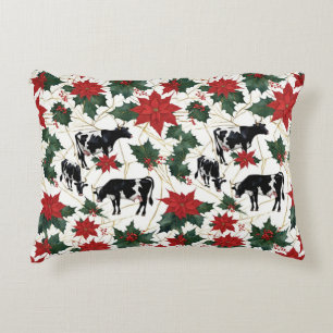 Black & White Christmas Holstein Dairy Cows Floral Decorative Cushion
