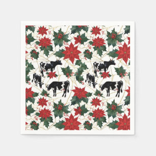 Black & White Christmas Holstein Dairy Cows Floral Napkin
