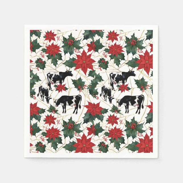 Black & White Christmas Holstein Dairy Cows Floral Napkin (Front)