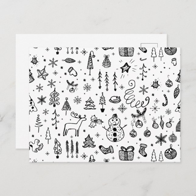 Black & White Christmas Icons Pattern – Cute  Invitation Postcard (Front/Back)