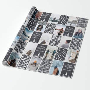 Black White Christmas Personalise Collage Photo Wrapping Paper
