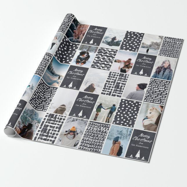 Black White Christmas Personalise Collage Photo Wrapping Paper (Unrolled)