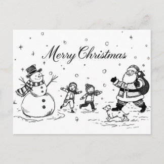 Black & White Christmas Postcard – Snowman, Santa