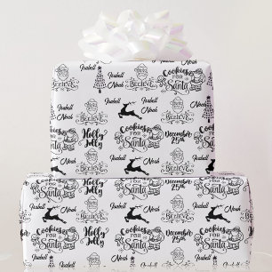 Black White Christmas Santa Personalise Names Wrapping Paper