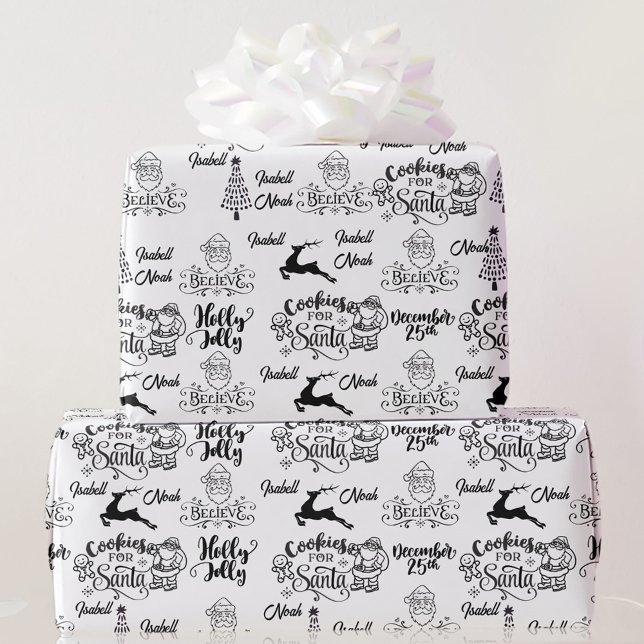  Black White Christmas Santa Personalise Names Wrapping Paper (Creator Uploaded)