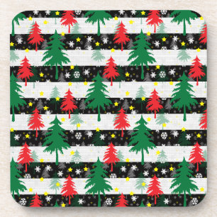 Black White Christmas Snow Stripes Red Green Trees Coaster