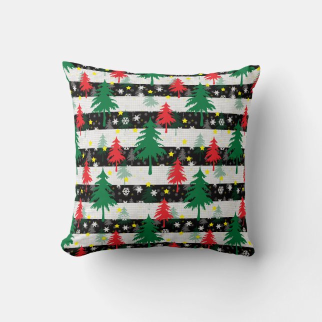 Black White Christmas Snow Stripes Red Green Trees Cushion (Front)
