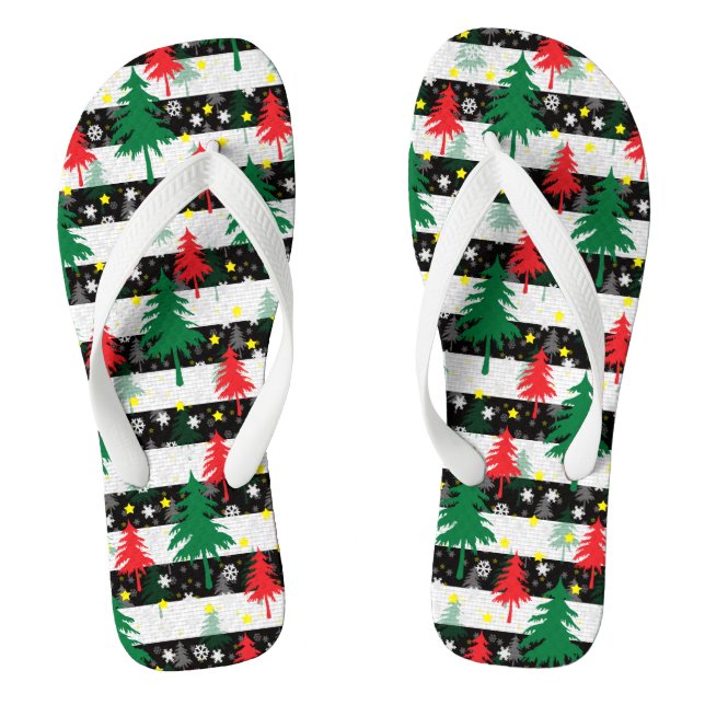 Black White Christmas Snow Stripes Red Green Trees Flip Flops (Footbed)