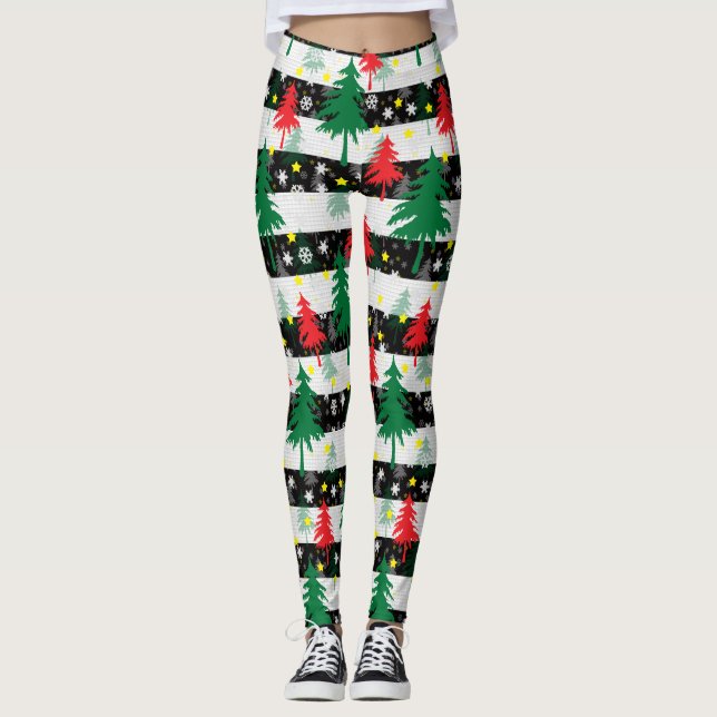Black White Christmas Snow Stripes Red Green Trees Leggings (Front)