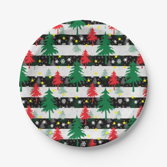 Black White Christmas Snow Stripes Red Green Trees Paper Plate (Front)