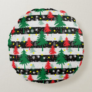 Black White Christmas Snow Stripes Red Green Trees Round Cushion