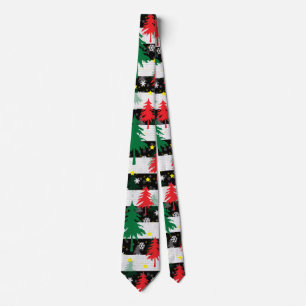 Black White Christmas Snow Stripes Red Green Trees Tie