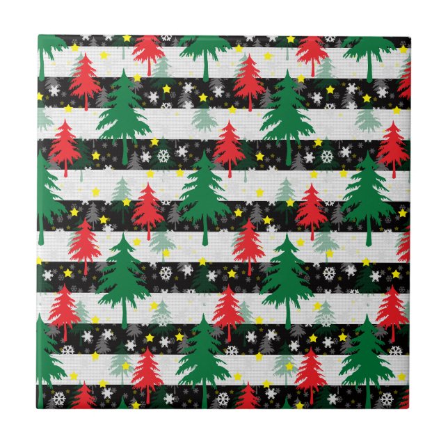 Black White Christmas Snow Stripes Red Green Trees Tile (Front)