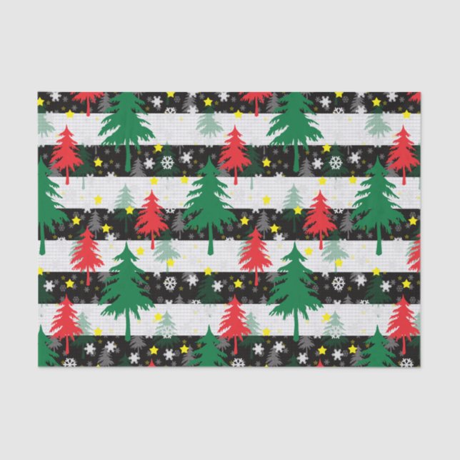 Black White Christmas Snow Stripes Red Green Trees Tissue Paper (Front)