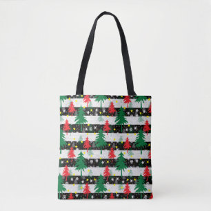 Black White Christmas Snow Stripes Red Green Trees Tote Bag