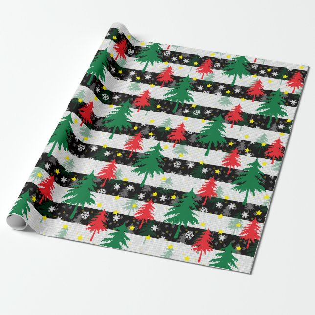 Black White Christmas Snow Stripes Red Green Trees Wrapping Paper (Unrolled)