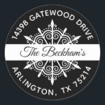 Black White Christmas Snowflake Return Address Classic Round Sticker<br><div class="desc">A festive black and white holiday snowflake sticker with the words Merry Christmas and your name and address! They add a finishing touch to your Christmas Cards with this snowflake return address label. Designed for you by Blackberry Boulevard.</div>