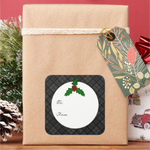 Black white Christmas tartan Holly twig Gift Tag