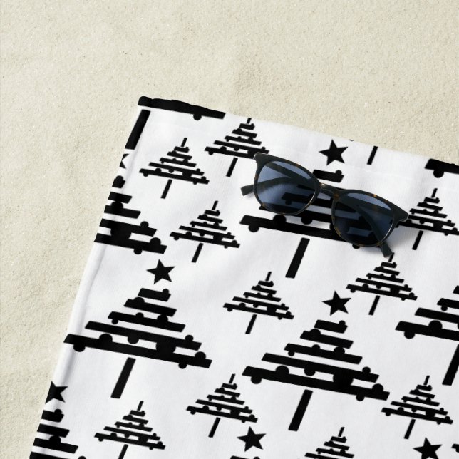 Black White Christmas Tree Abstract Pattern Beach Towel (In Situ)