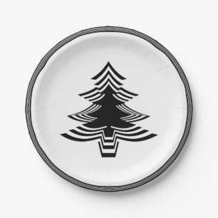 Black/White Christmas Tree Font Geometric Pattern Paper Plate