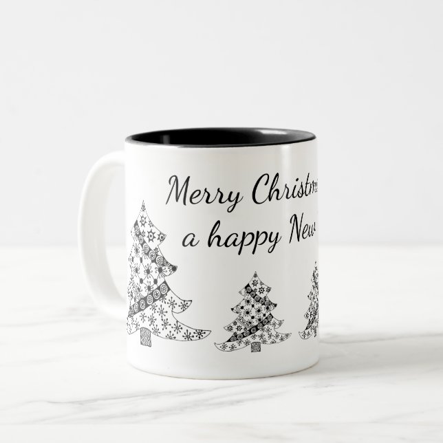 Black White Christmas tree Holiday New year Two-Tone Coffee Mug (Front Left)