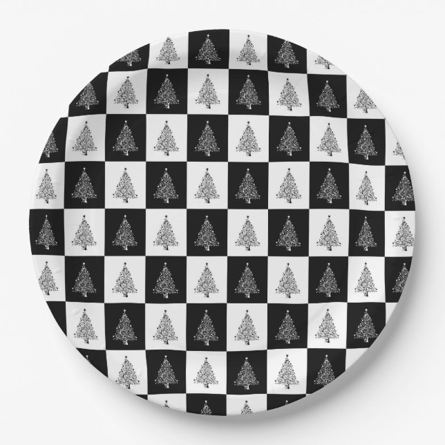 Black White Christmas Tree Pattern Elegant Paper Plate (Front)
