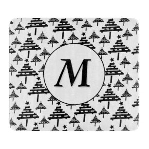 Black White Christmas Tree Pattern Monogram  Cutting Board