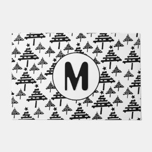 Black White Christmas Tree Pattern Monogram Doormat
