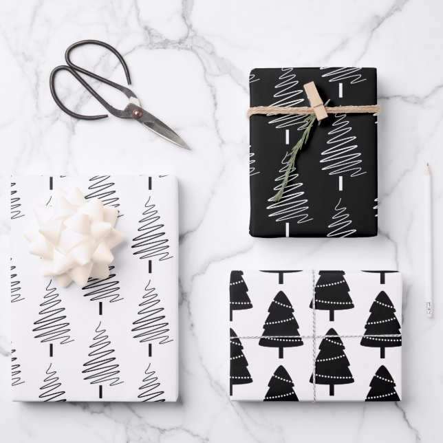 Black & White Christmas Tree Pattern  Wrapping Paper Sheet (Front)