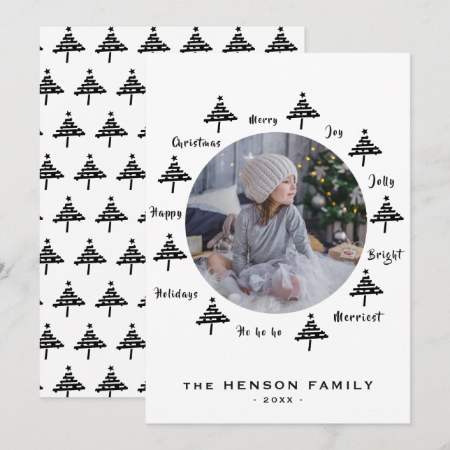 Black & White Christmas Tree Wishes Family Photo Holiday Card (Front/Back)