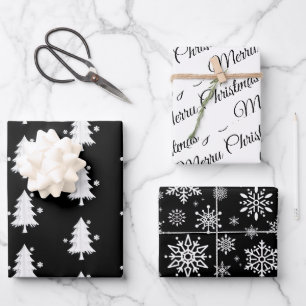 Black, White Christmas, Trees, Snowflakes holiday Wrapping Paper Sheet