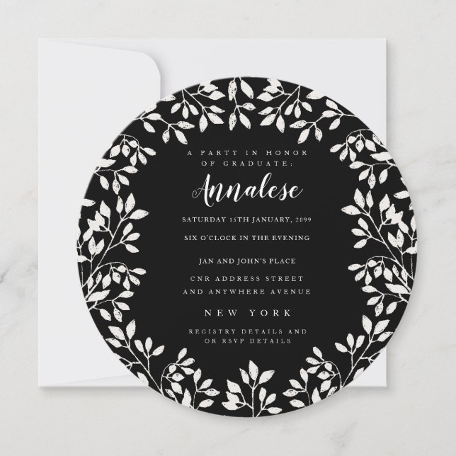 Black White Circle Laurel Wreath Leaves Party Invitation (Front)