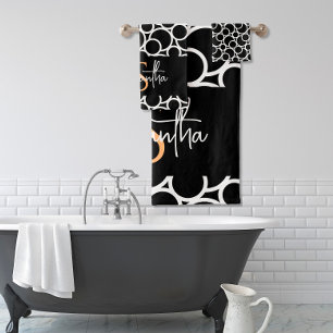 Black & White Circle Pattern with Monogram Bath Towel Set