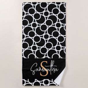 Black & White Circle Pattern with Monogram Beach Towel