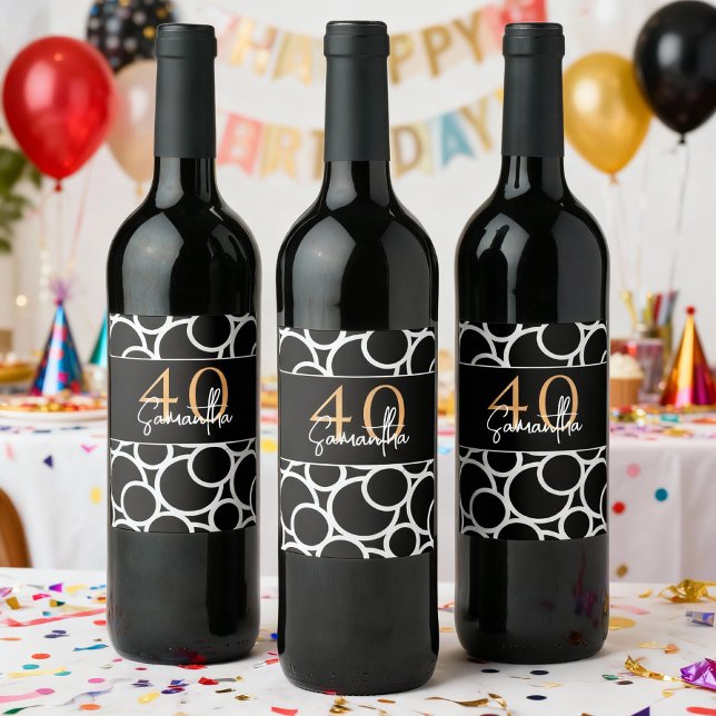Black & White Circle Pattern with Name and Year Wine Label (bottle lable for birthdays)