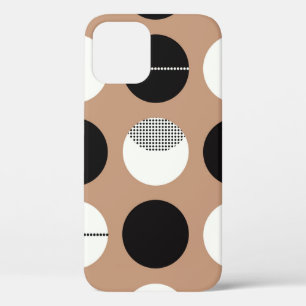 Black, white circles, brown background. iPhone 12 case