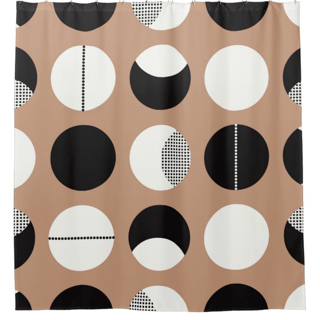 Black, white circles, brown background. shower curtain (Front)