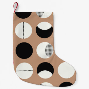 Black, white circles, brown background. small christmas stocking