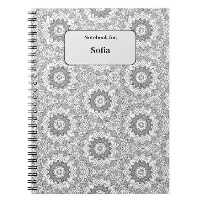 Black&White circular Pattern with name tag Notebook (Front)