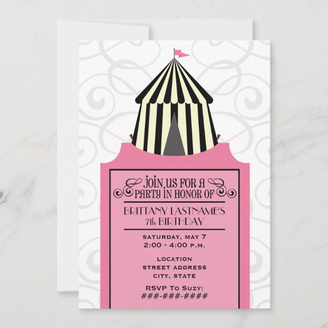 Black & White Circus Tent w Pink Ticket Birthday Invitation (Front)