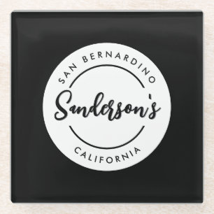 Black White City Town Place Location Name Circle  Glass Coaster