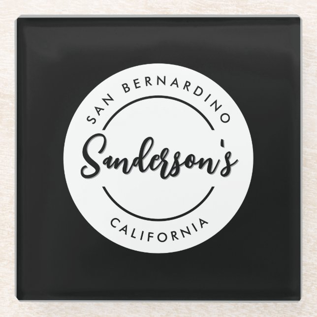 Black White City Town Place Location Name Circle  Glass Coaster (Front)