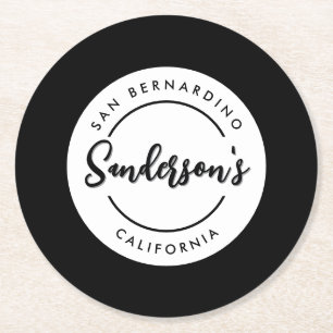 Black White City Town Place Location Name Circle  Round Paper Coaster