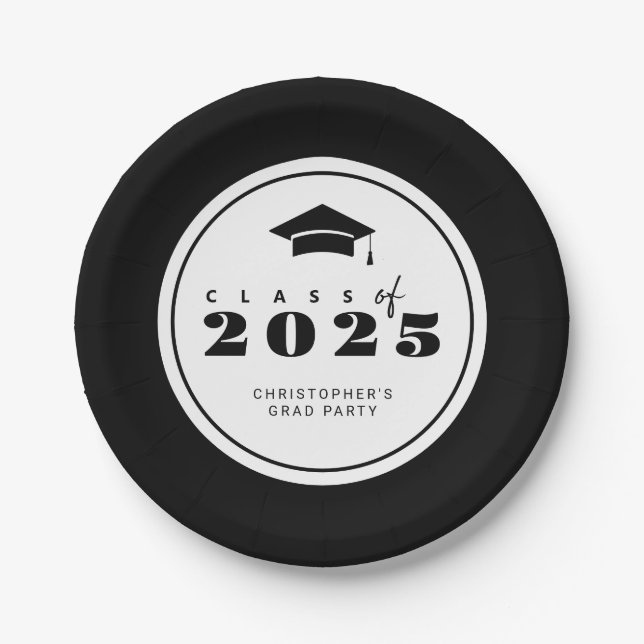 Black White Class of 2025 Graduation Paper Plate (Front)